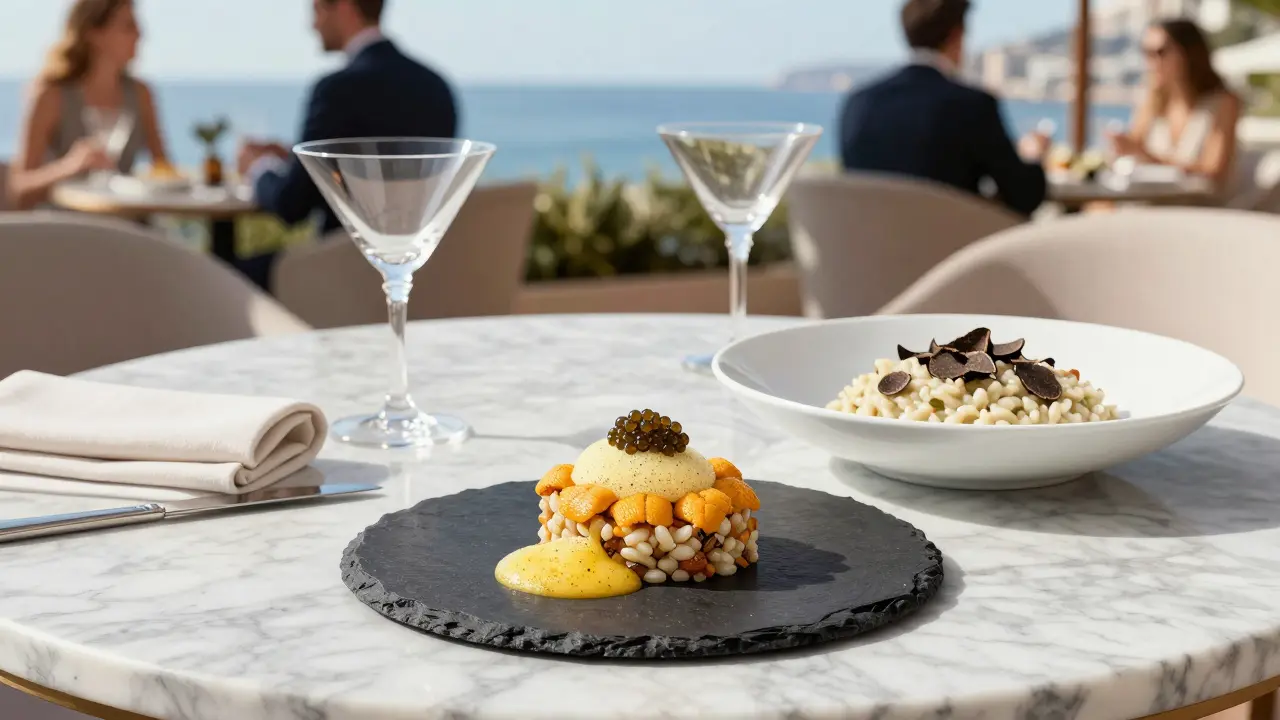 Elegant plate of sea urchin tartare and truffle risotto served on marble with hand-blown glassware.