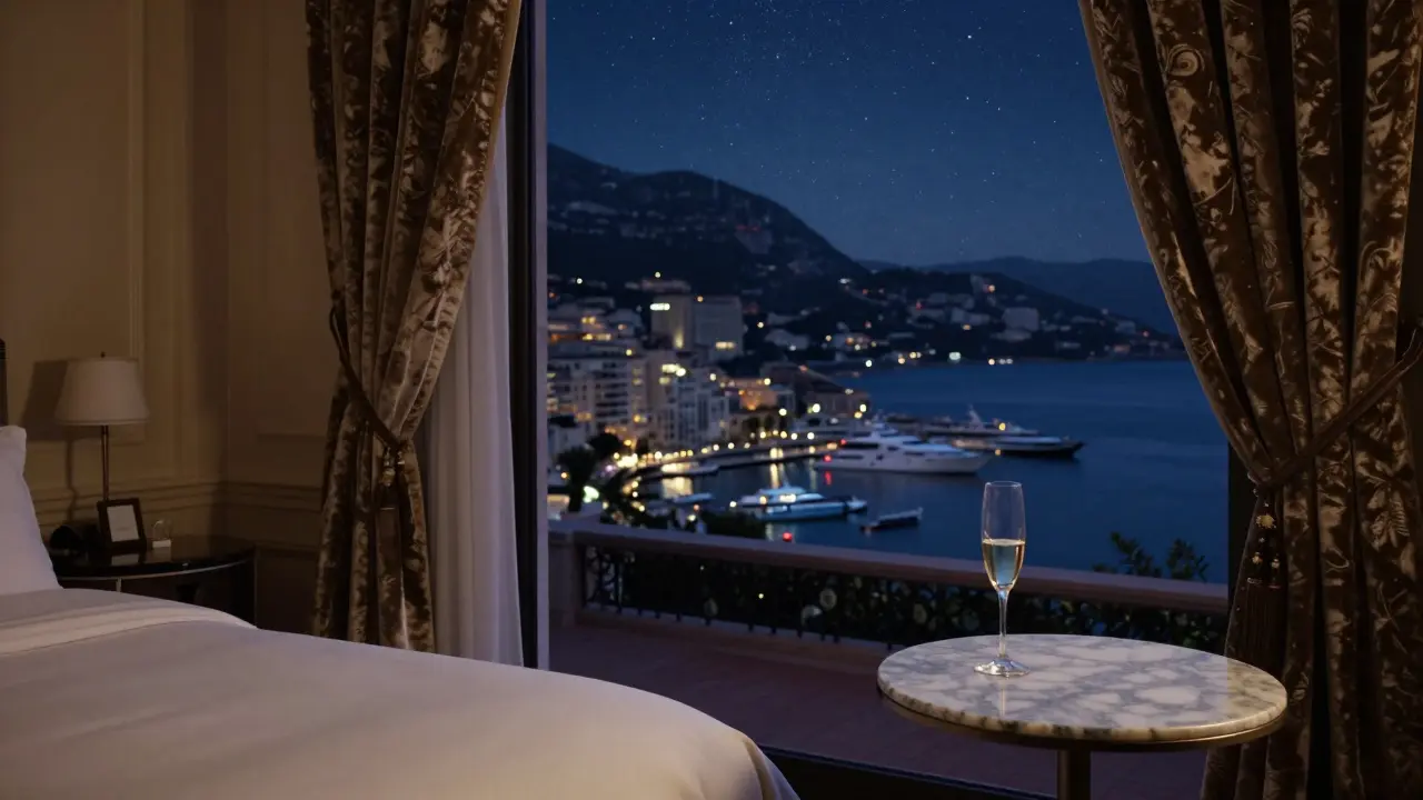 Elegant suite at midnight with private terrace overlooking Monaco&#039;s harbor and champagne glass.