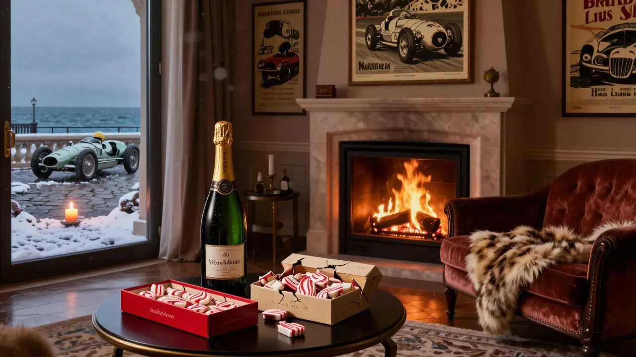 Elegant suite with vintage racing memorabilia, fireplace, and peppermint bark beside a chilled champagne bottle.