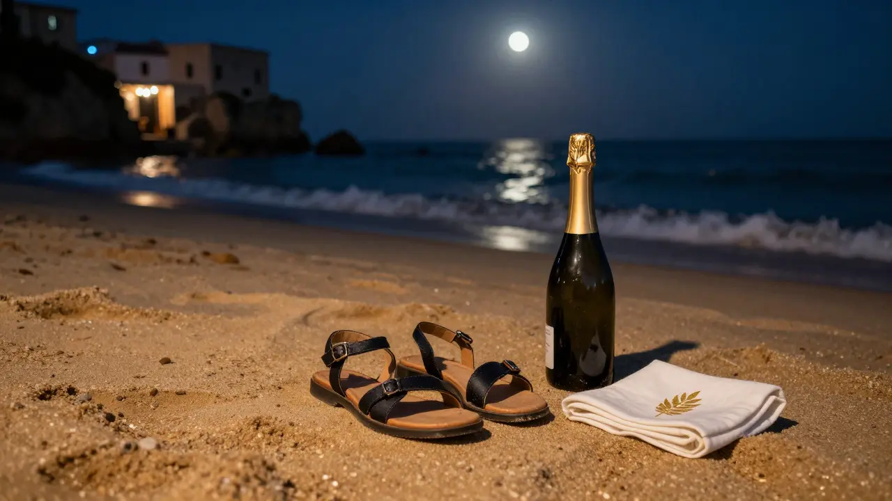 Empty designer sandals and champagne bottle on sand at midnight, hinting at a hidden jazz bar.