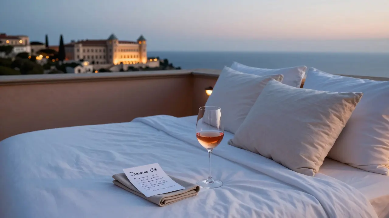 Empty luxury terrace at dusk with handwritten note, rosé glass, and premium pillows, overlooking the glowing Mediterranean horizon.