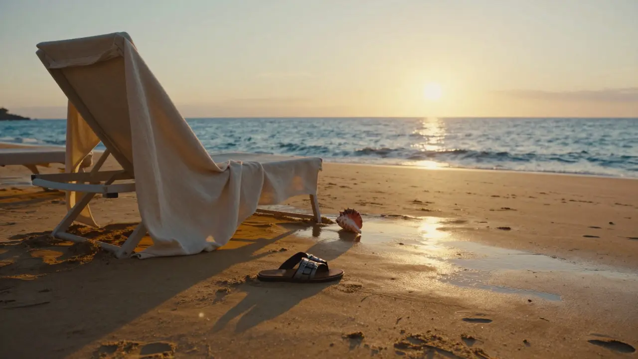 Empty sandals and cover-up on sand facing the setting sun, symbolizing quiet luxury.