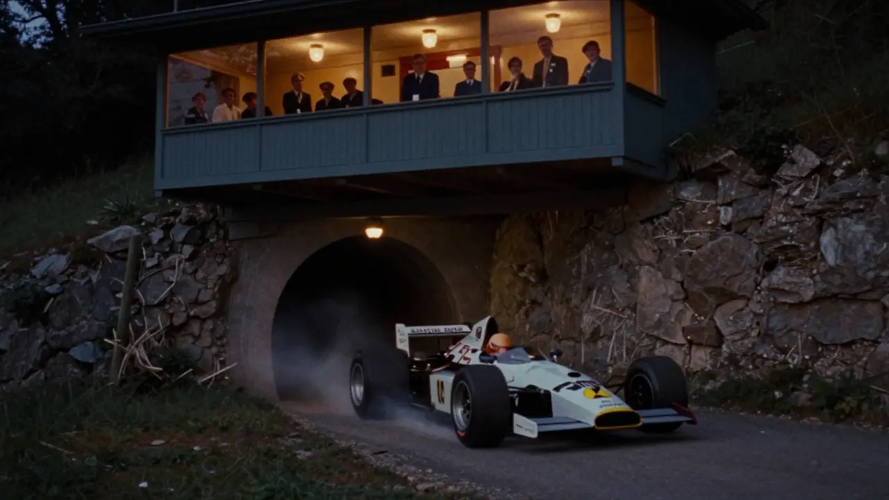 F1 car braking sharply at Sainte-Dévote corner, VIP spectators watching from a glowing grandstand above the cliff.