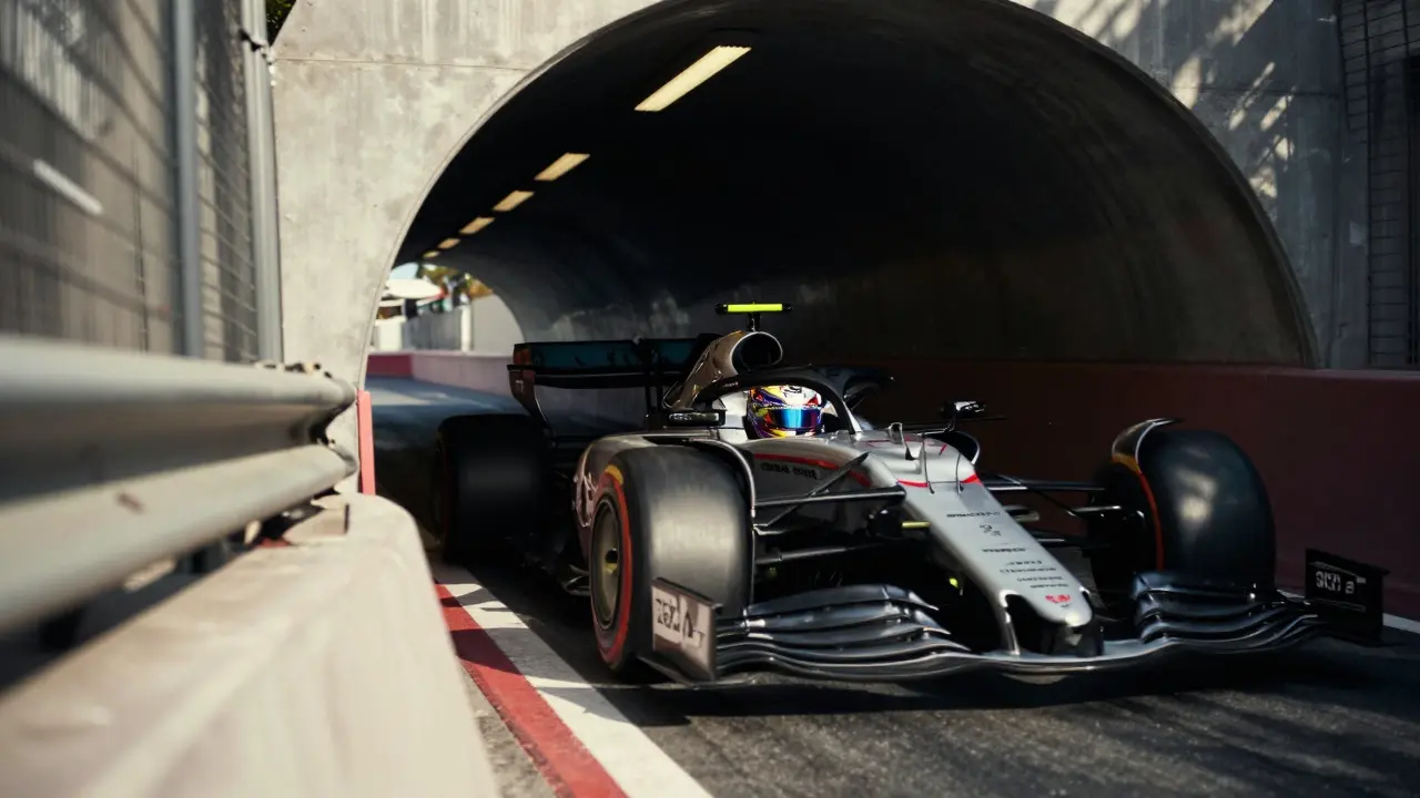 F1 driver emerging from the Monaco tunnel, face lit by sunlight, eyes locked ahead.