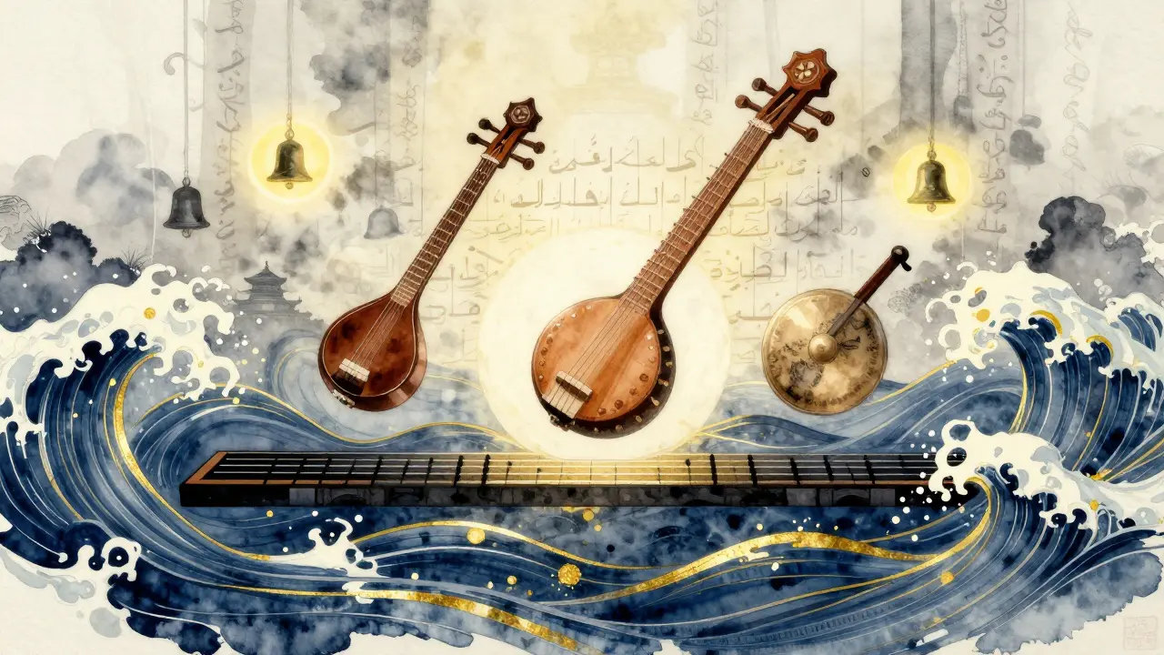 Floating traditional Asian instruments and ambient sound waves blend in a watercolor dream of indigo, gold, and mist.