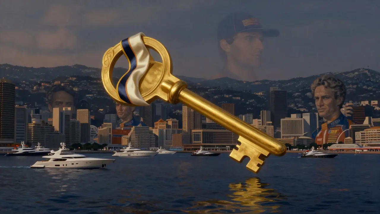 Golden key made of racing stripes and silk floating above superyachts and Monaco&#039;s skyline, symbolizing exclusivity.