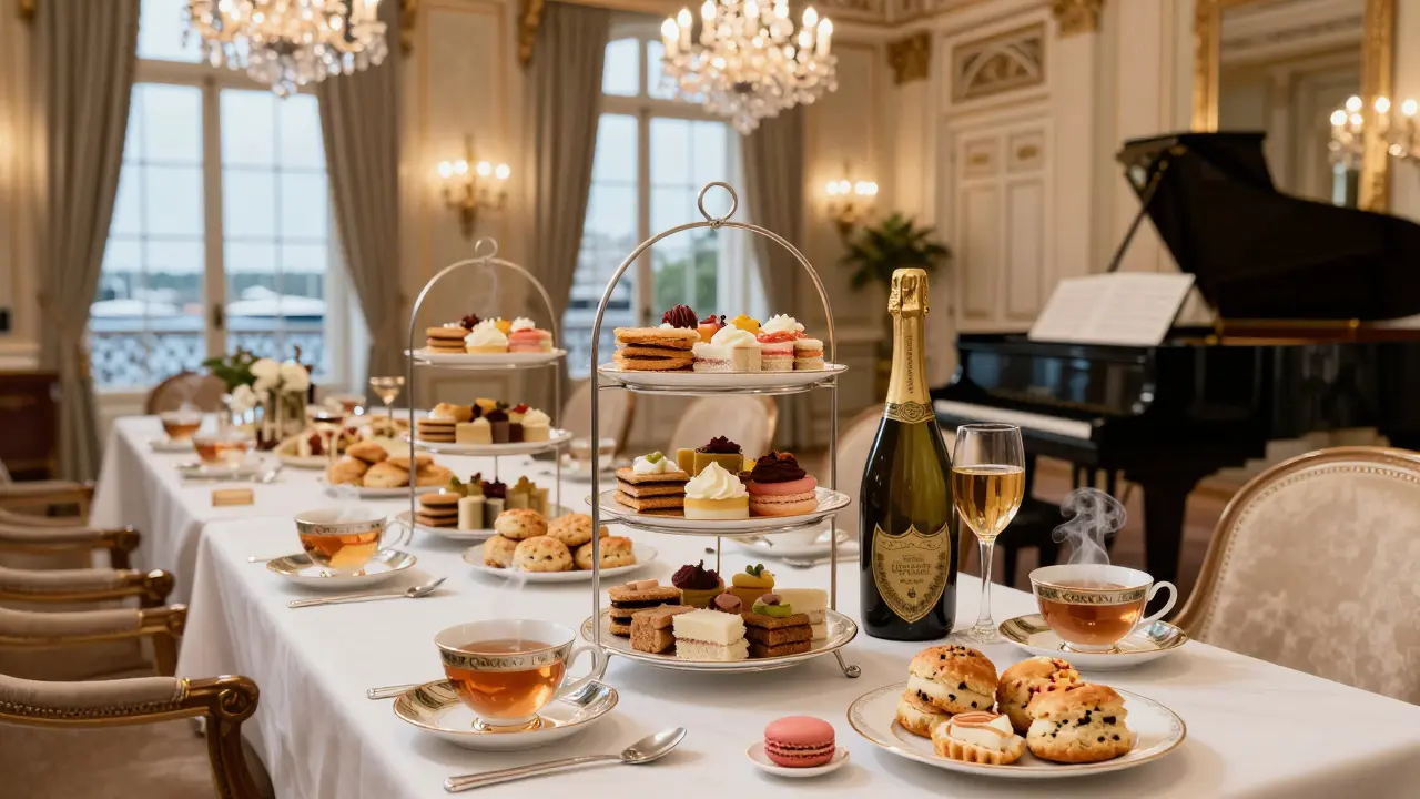 Grand Salon afternoon tea with crystal serveware, champagne, and views of the harbor in quiet luxury.