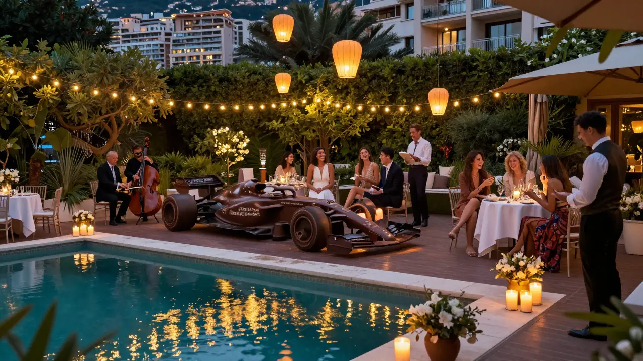 Hidden garden celebration with chocolate Grand Prix sculpture and floating lanterns under soft lights.