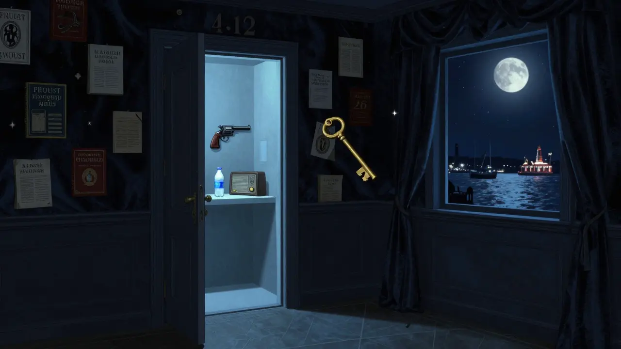 Hidden panic room revealed in Room 412, floating books and a brass key hovering in moonlit silence.