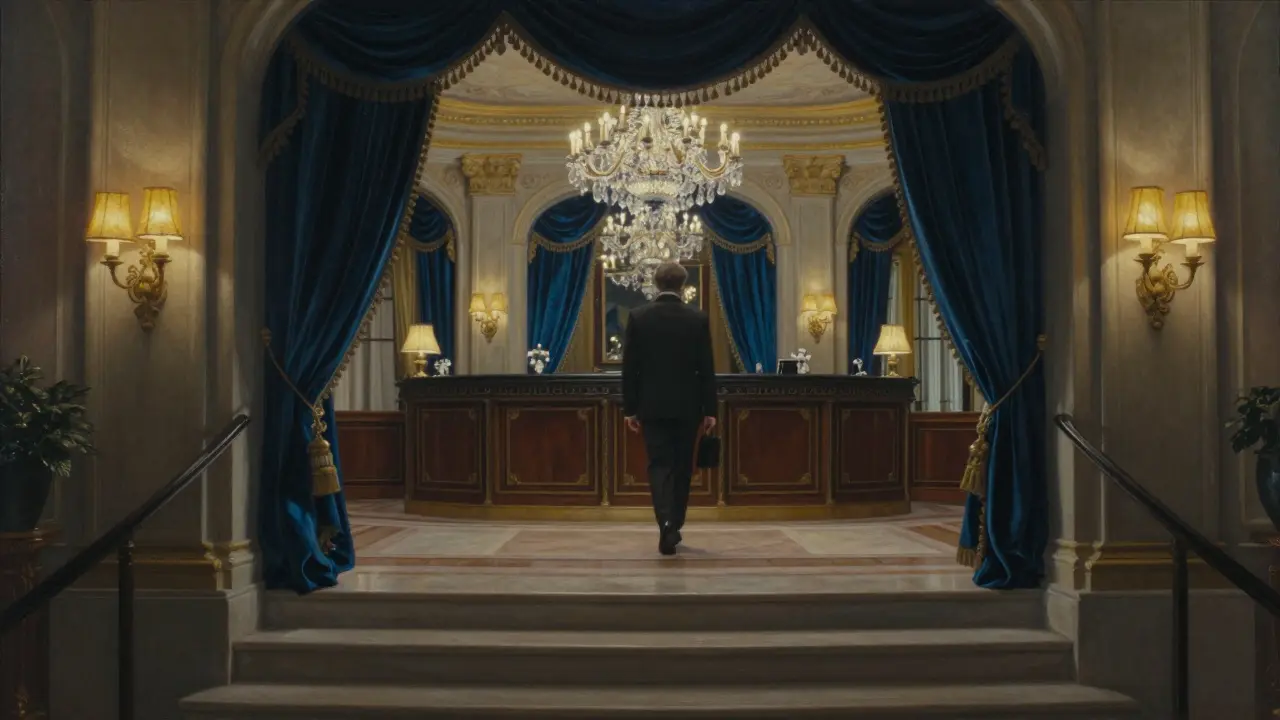 Hidden staircase leading from hotel to casino VIP lounge, dimly lit and elegant.