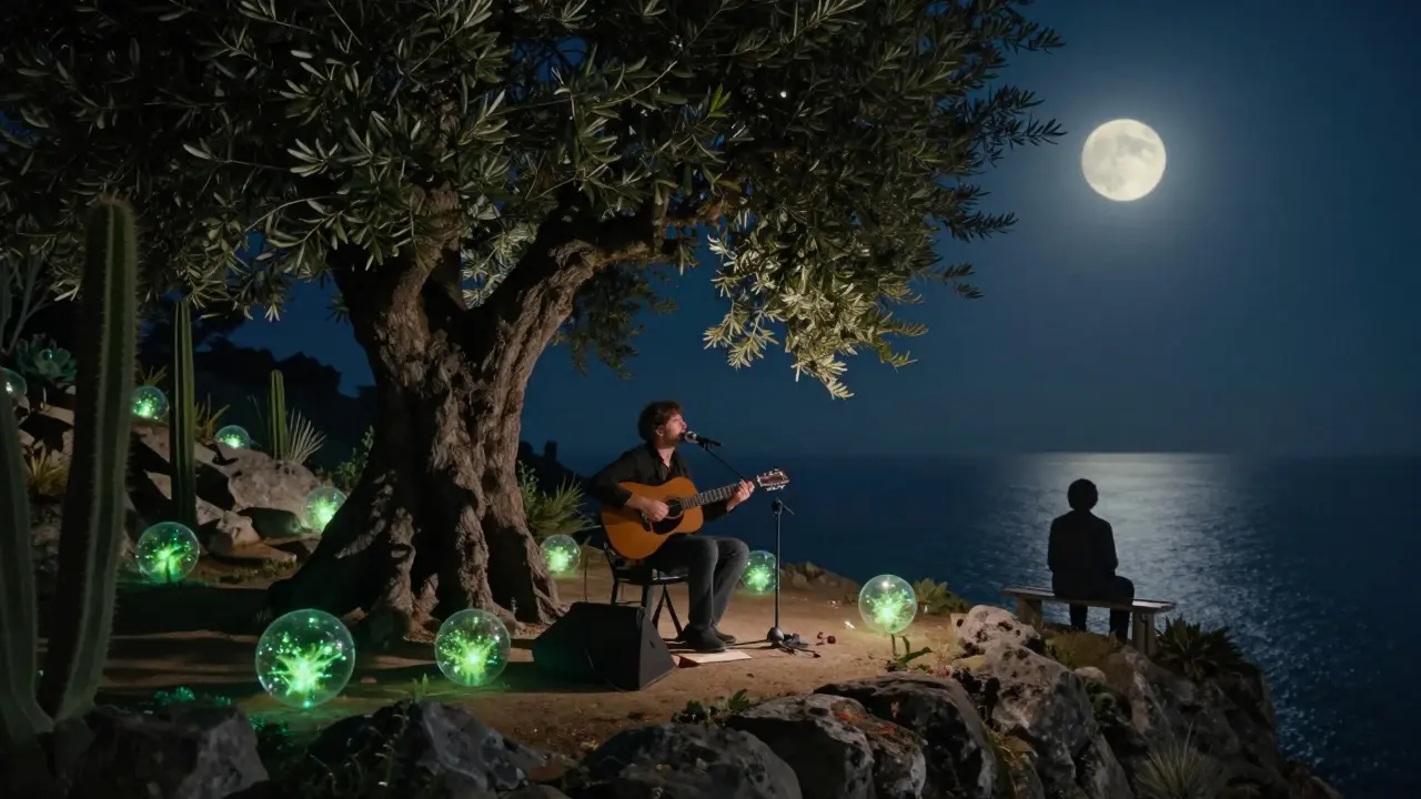 Intimate acoustic performance under olive trees at Le Jardin Exotique, with bioluminescent orbs glowing among cacti at night.