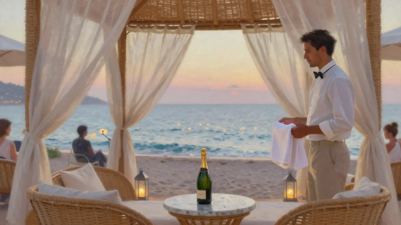 Luxurious cabana with champagne, linen drapes, and ocean view at dusk.