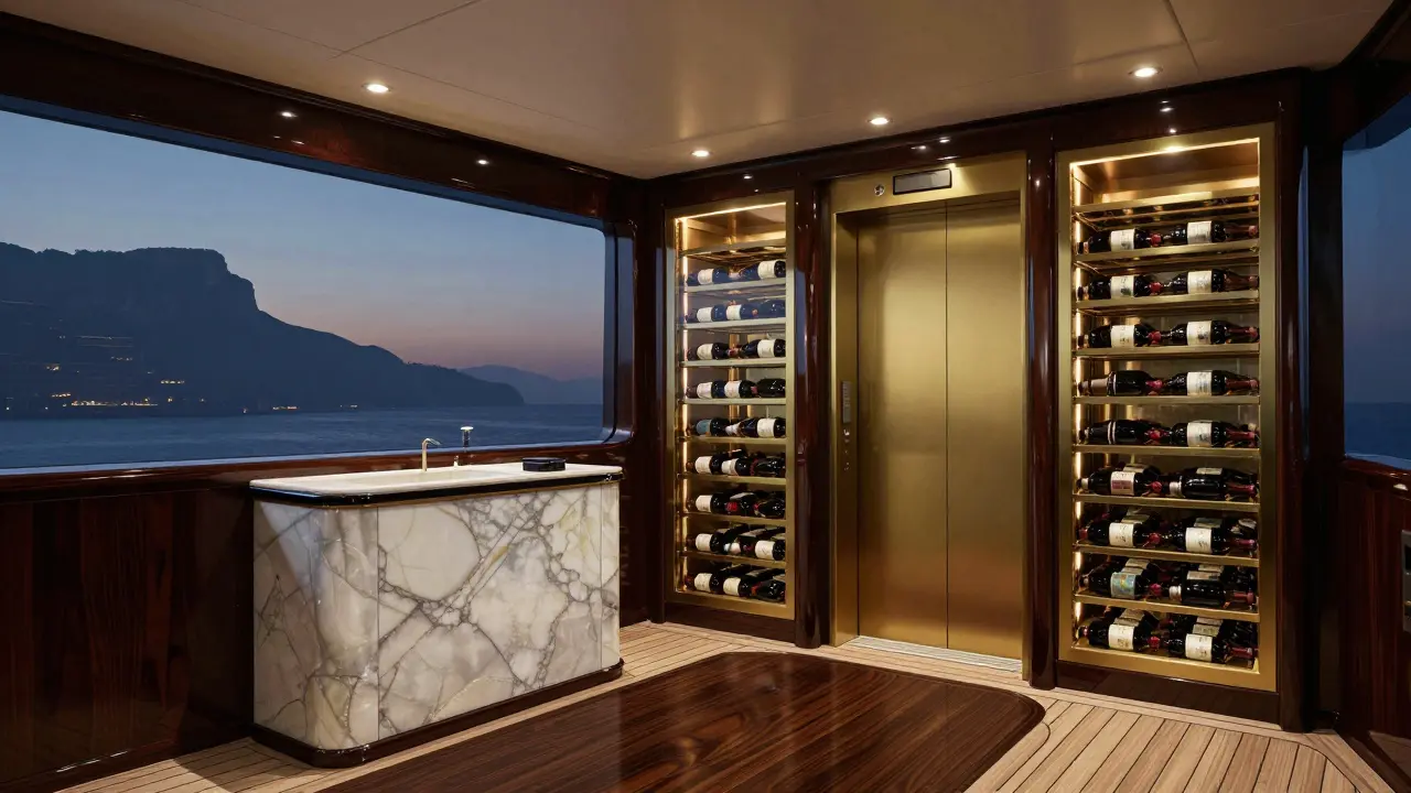 Luxury yacht interior with ebony deck, mother-of-pearl inlays, and a wine cellar holding over 1,000 bottles.