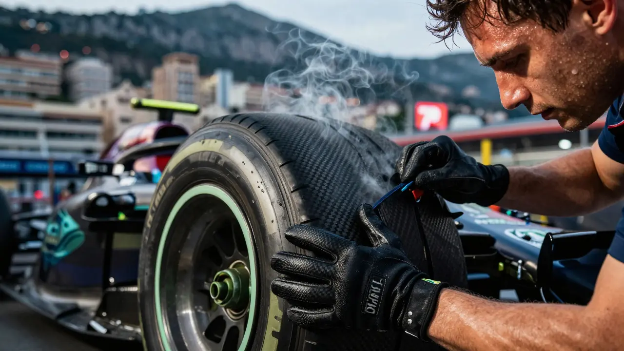 Mechanic&#039;s hands performing a lightning-fast pit stop on an F1 car, tire smoke and race lights blurred in background.