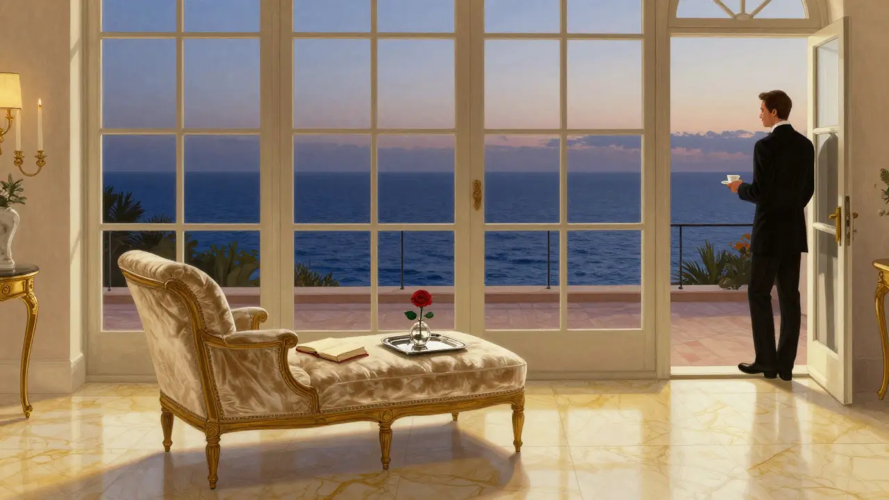 Napoleon Suite terrace at dusk with rose, book, and sea view under soft twilight light.