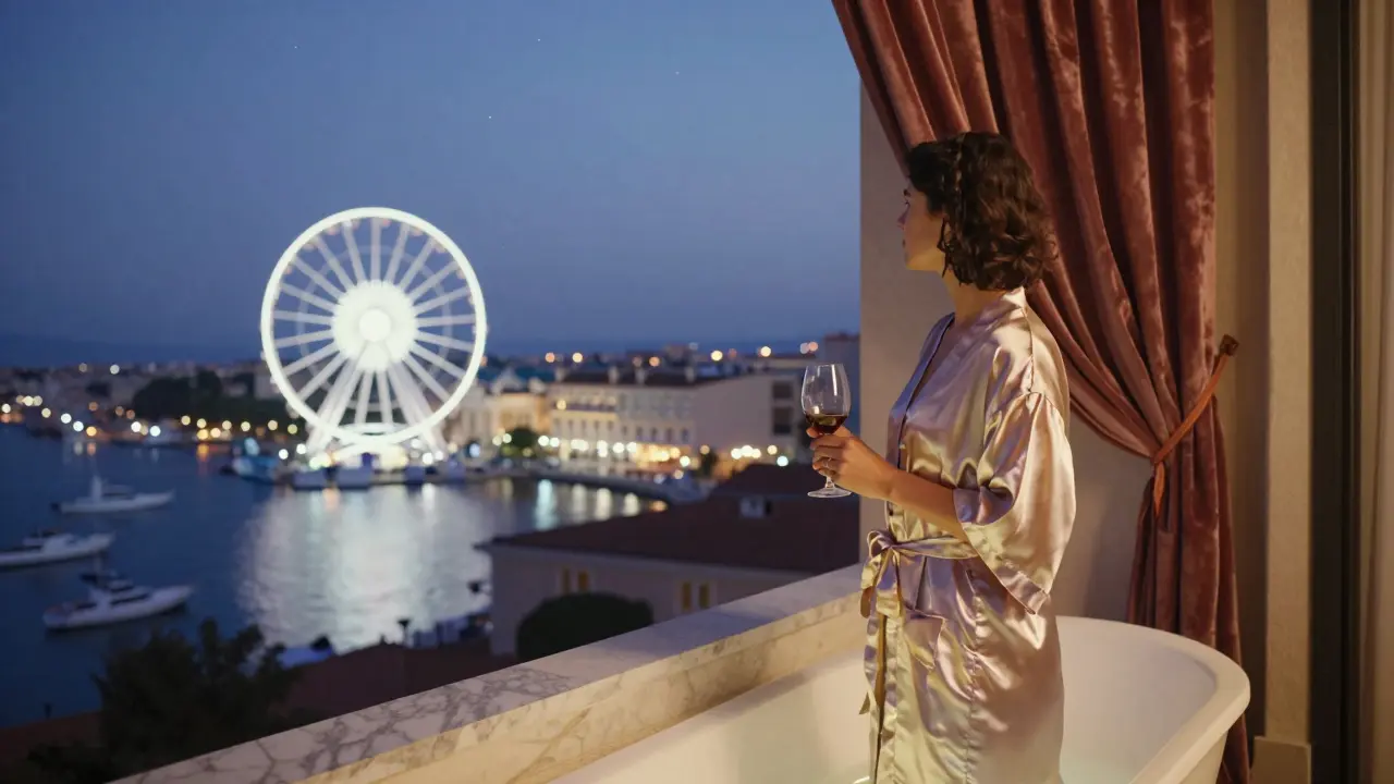 Private balcony at midnight with a figure overlooking Casino Square, Ferris wheel glowing in the distance.