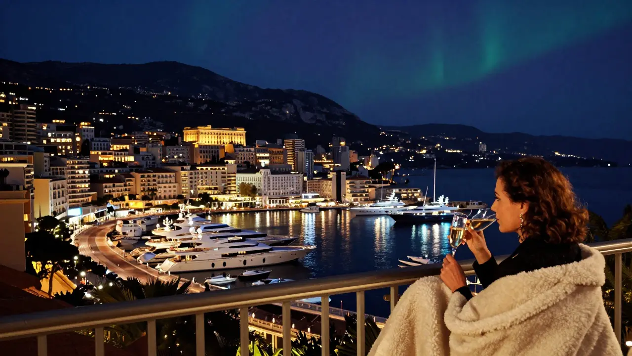 Private balcony view of illuminated yachts in Monaco harbor at night with couple enjoying champagne.