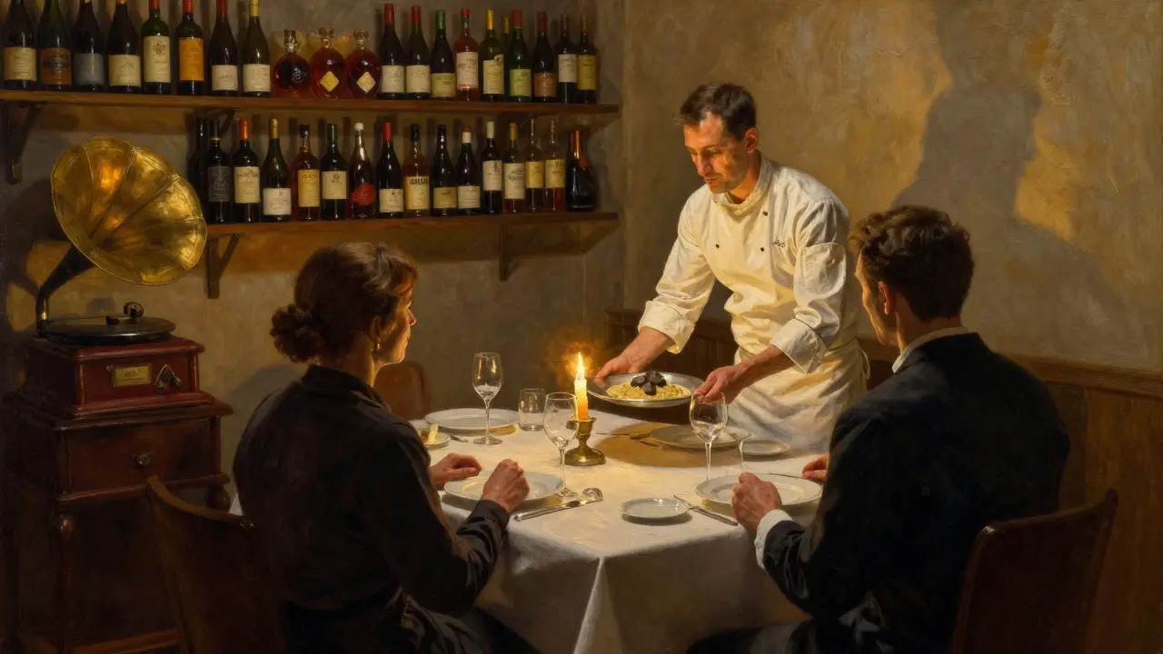 Private cellar dining with chef serving truffle risotto under warm candlelight.