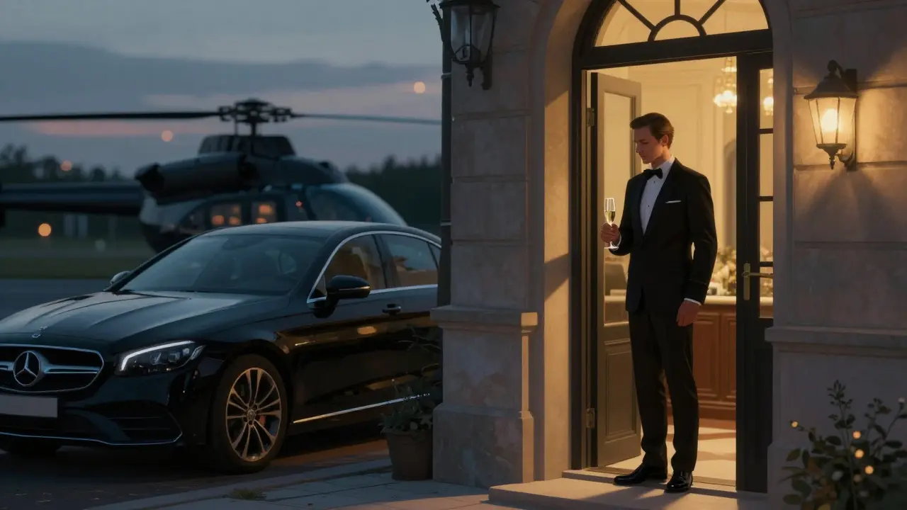 Private entrance at Hotel de Paris Monaco with butler offering champagne at dusk.