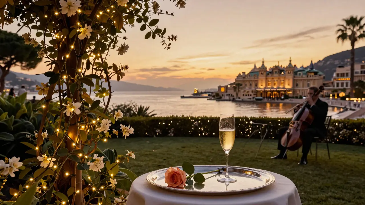 Private garden proposal at sunset with rose, champagne, fairy lights, and distant Casino glow.