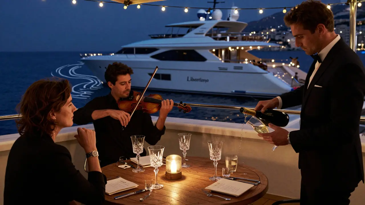 Quiet terrace at Yacht Club Monaco with crystal glasses and a violinist playing on a distant yacht, soft lighting and hushed atmosphere.