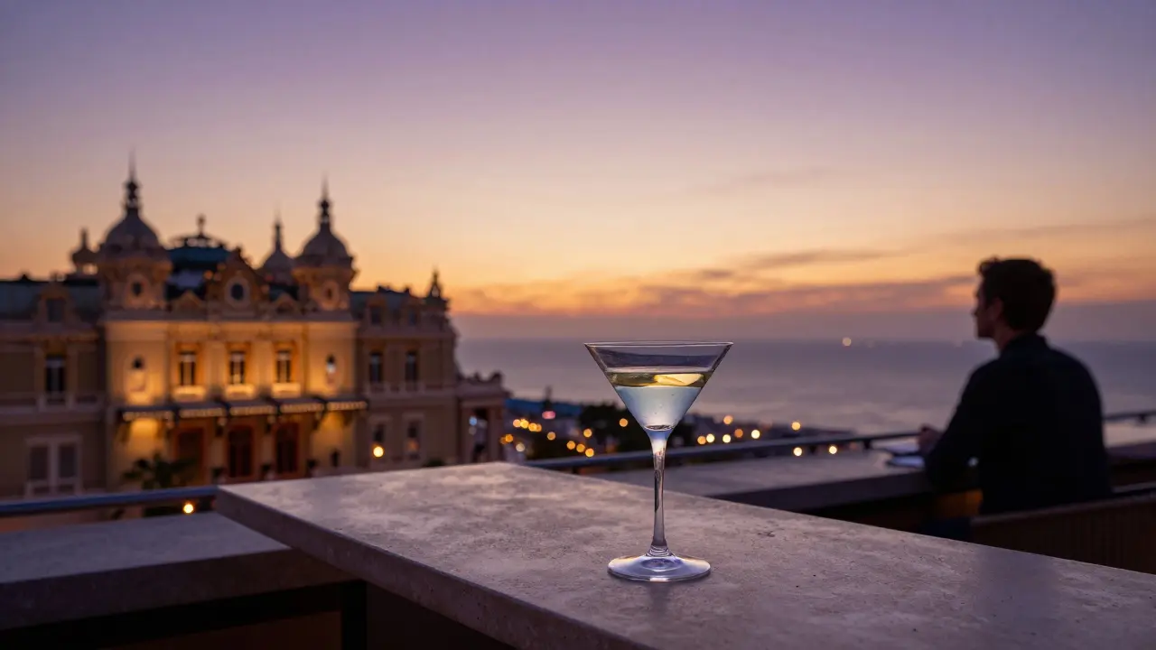 Rooftop bar at sunset with Casino de Monte-Carlo in the distance and a martini glass.