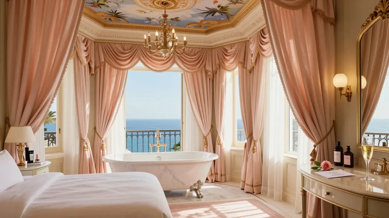 Royal Suite with marble tub overlooking the sea, frescoed ceiling, and Hermès amenities in soft morning light.