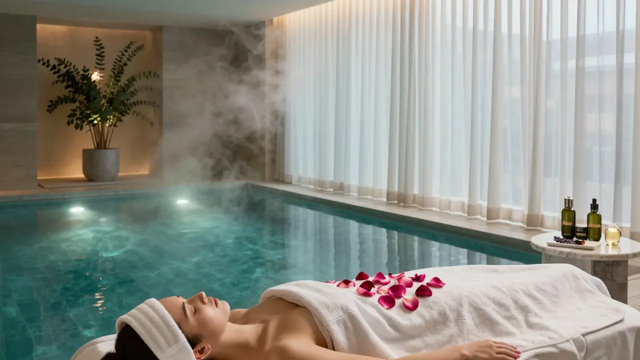 Serene spa interior with indoor pool, steam, and marble treatment table surrounded by tranquility.