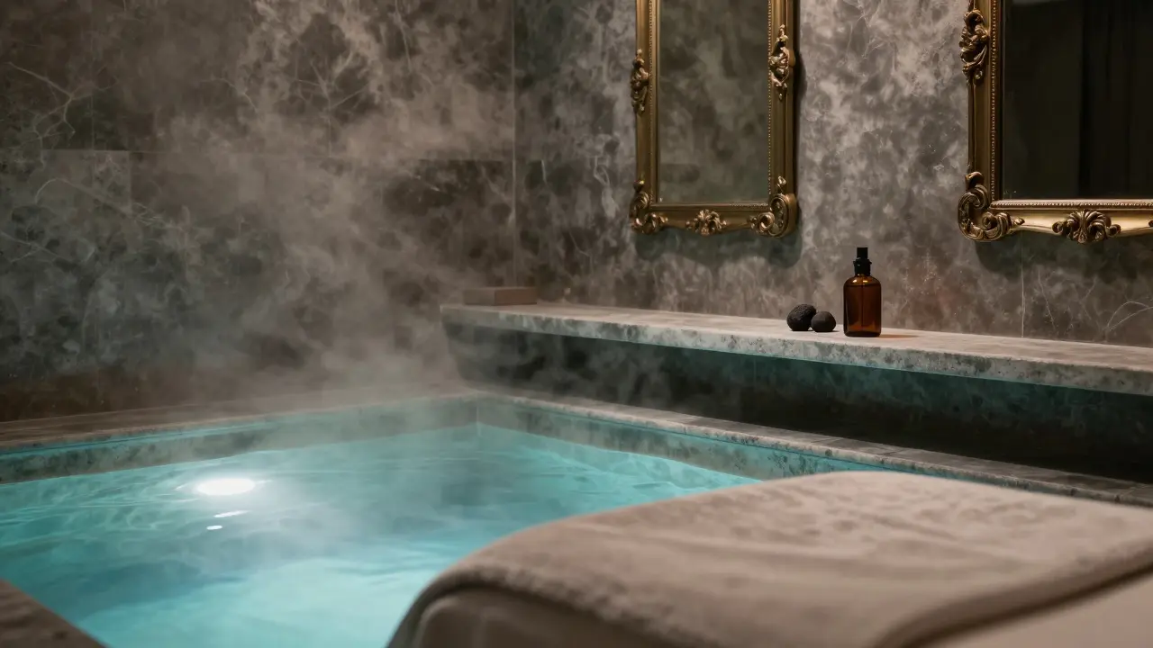 Serene spa room with glowing thermal pool, velvet walls, and aromatic oils on stone shelf.