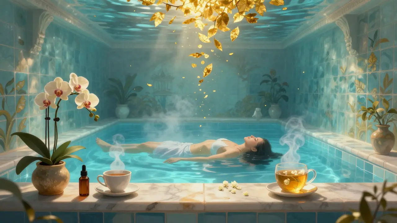 Serene spa sanctuary with glowing seawater pools, gold leaf floating in steam, and orchids on marble.