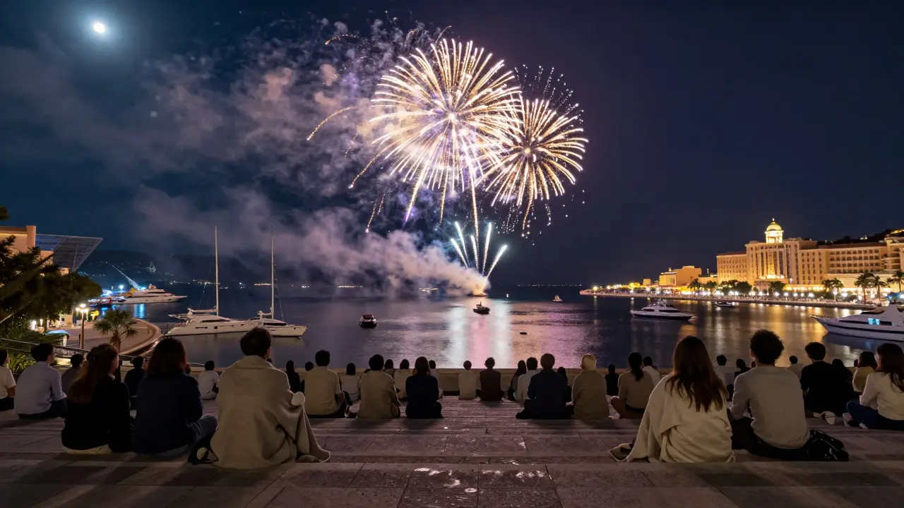 Silent crowd watching fireworks from Oceanographic Museum, lights reflecting on harbor at night.