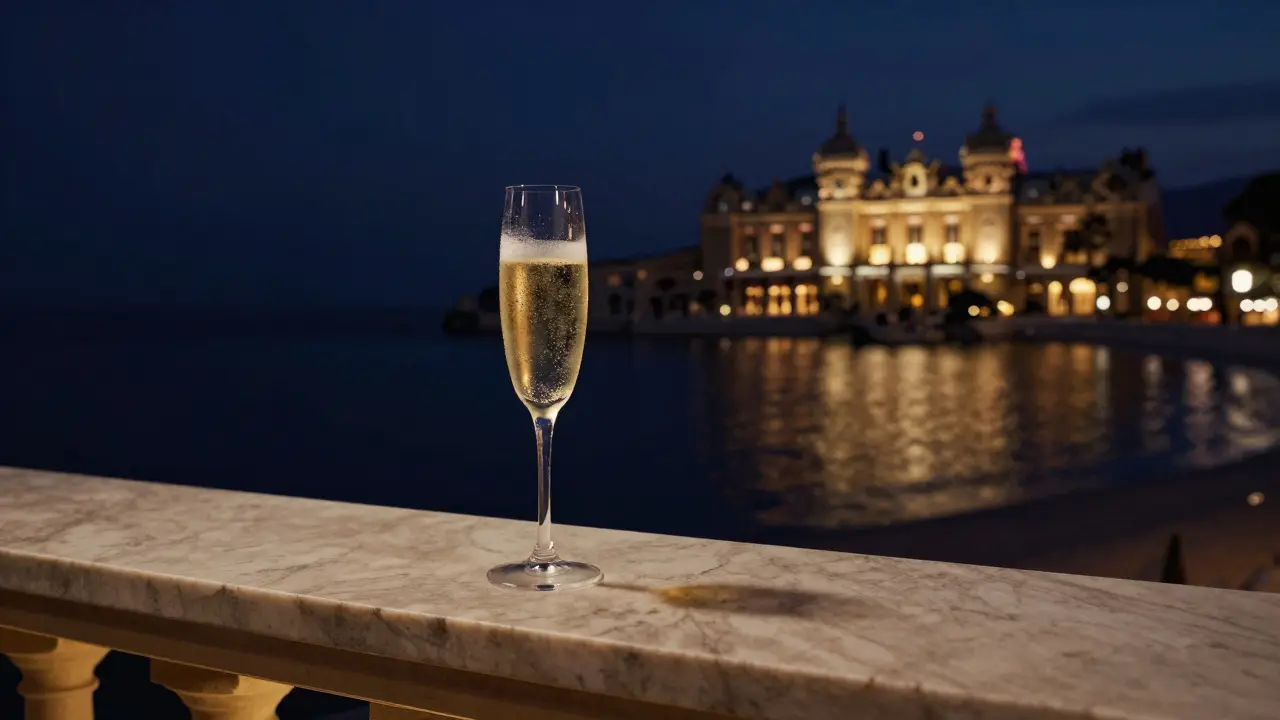 Single champagne glass on terrace at night, casino lights distant, water shimmering under city glow.