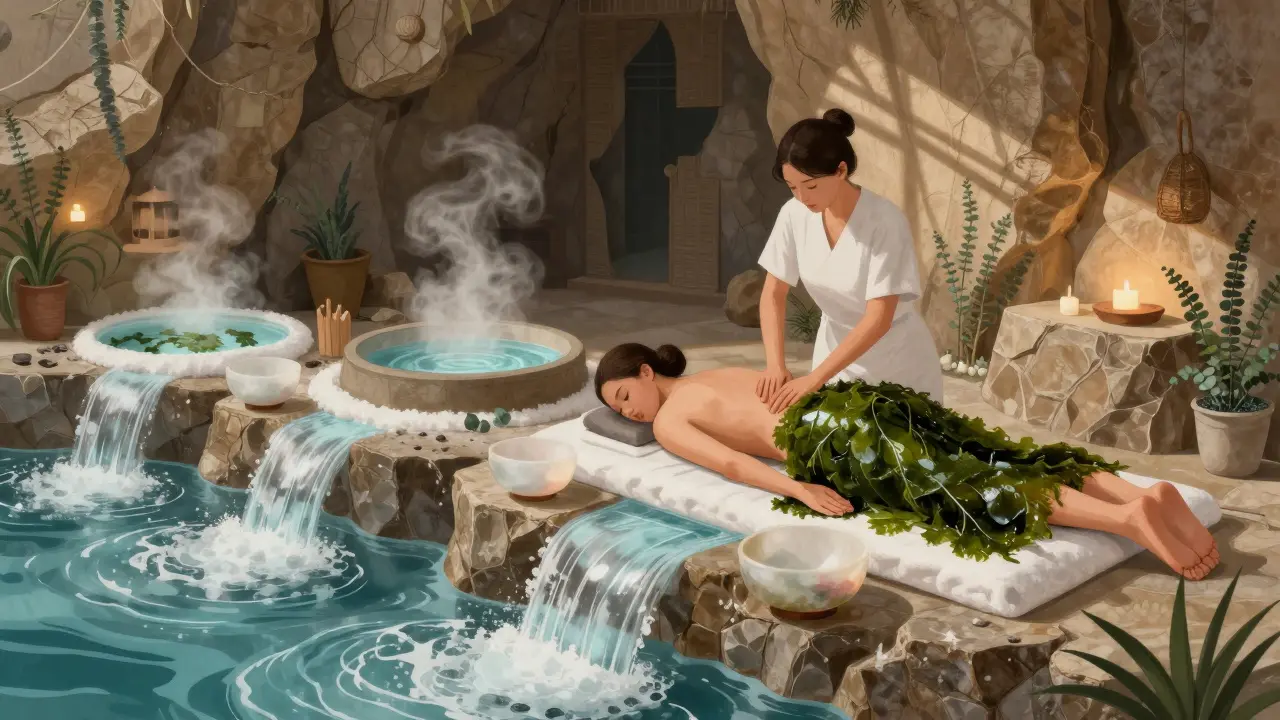 Spa sanctuary carved into cliffs, guest receiving seaweed massage with saltwater pools and crystal bowls emitting sound waves.