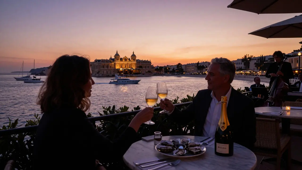 Sunset terrace at Fairmont Monte Carlo with guests toasting as yachts sail past Port Hercules.
