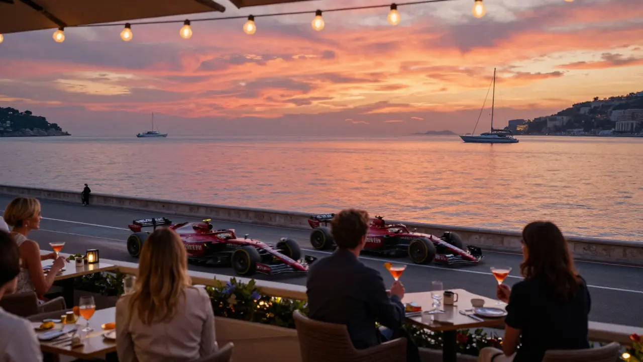 Sunset view from Le Yacht Club terrace with F1 cars racing past the harbor, guests enjoying drinks.