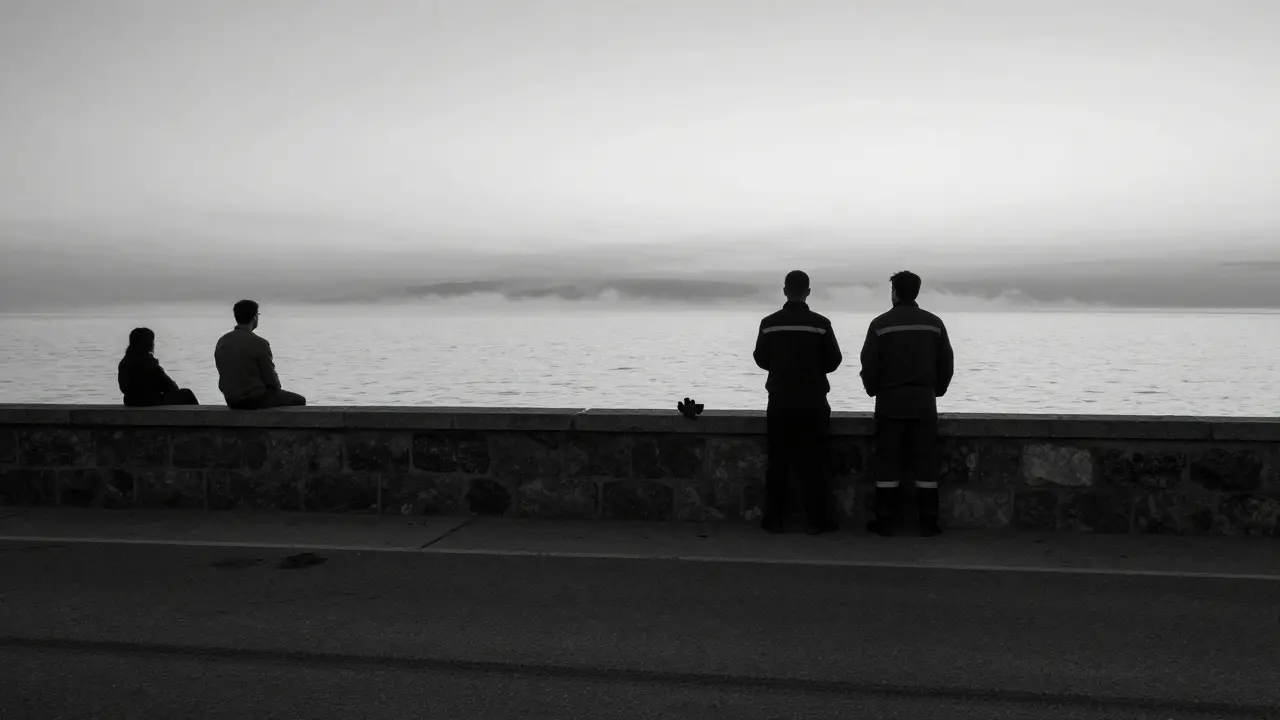 Three figures sit in silence on a seaside wall at dawn, overlooking the calm Mediterranean after the Grand Prix.