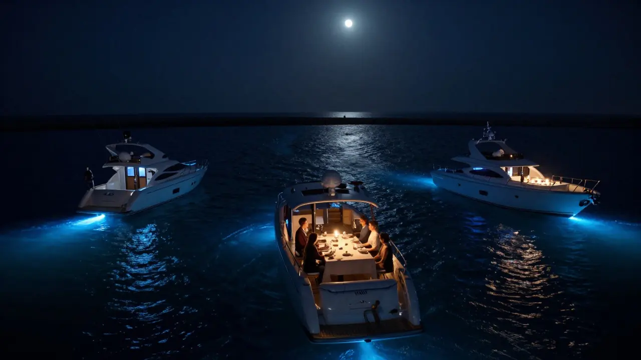 Three yachts drifting at midnight with underwater blue lights glowing in the sea, candlelight dinner visible on one, moonlit silence.