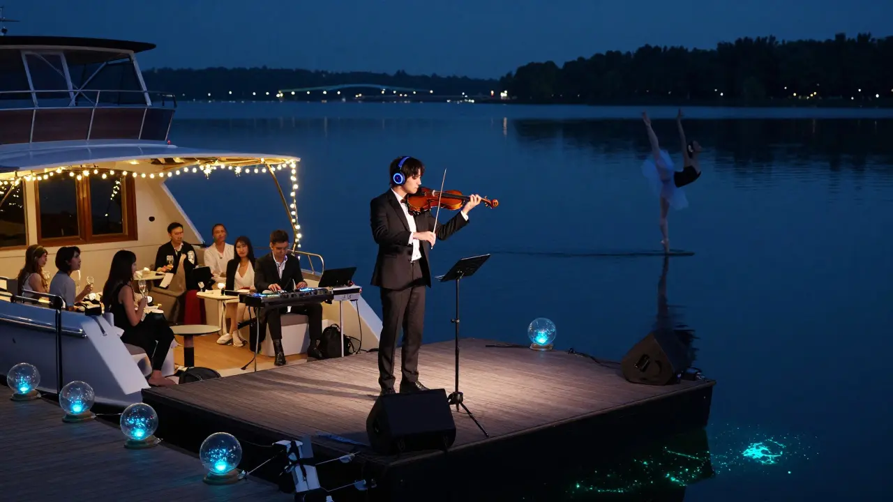 Violinist and DJ perform together on a floating stage at Port Hercule, with ballet dancer on a barge and glowing orbs along the dock.