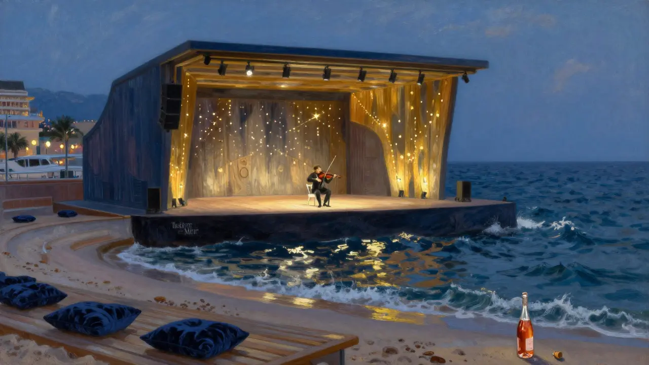 Violinist performing at seaside theater, waves pulsing with music as lights twinkle inland.