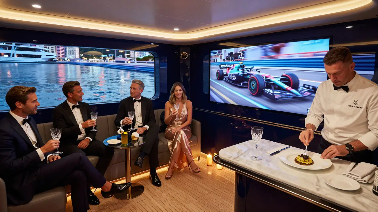 Wealthy guests on a superyacht watching the race on a screen, sipping champagne in elegant evening attire.