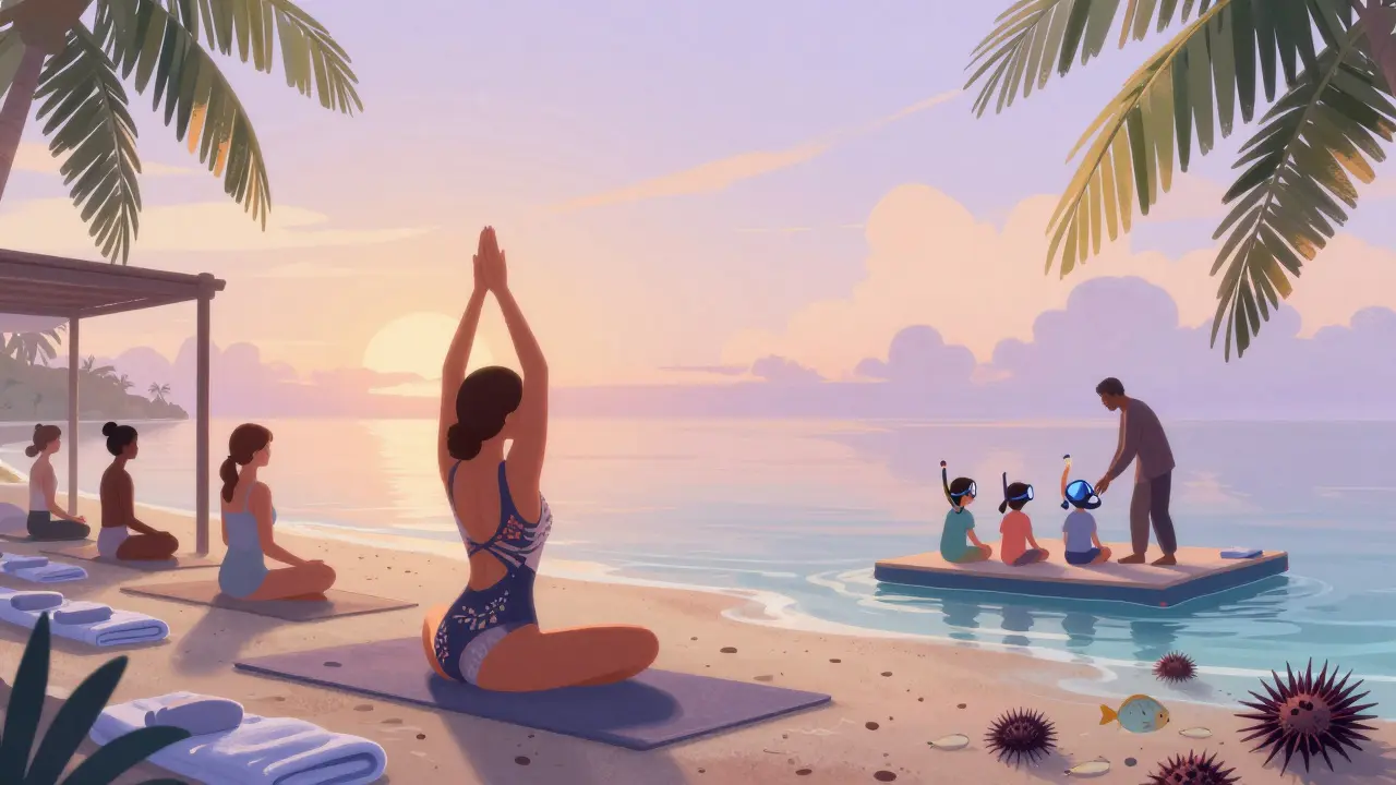 Woman doing yoga at sunrise on a private beach with children snorkeling nearby and calm ocean in background.