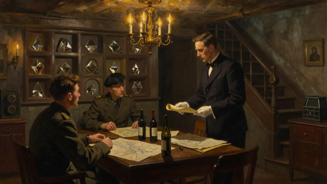 WWII-era secret meeting beneath a chandelier, a waiter passing a document in dim candlelight.