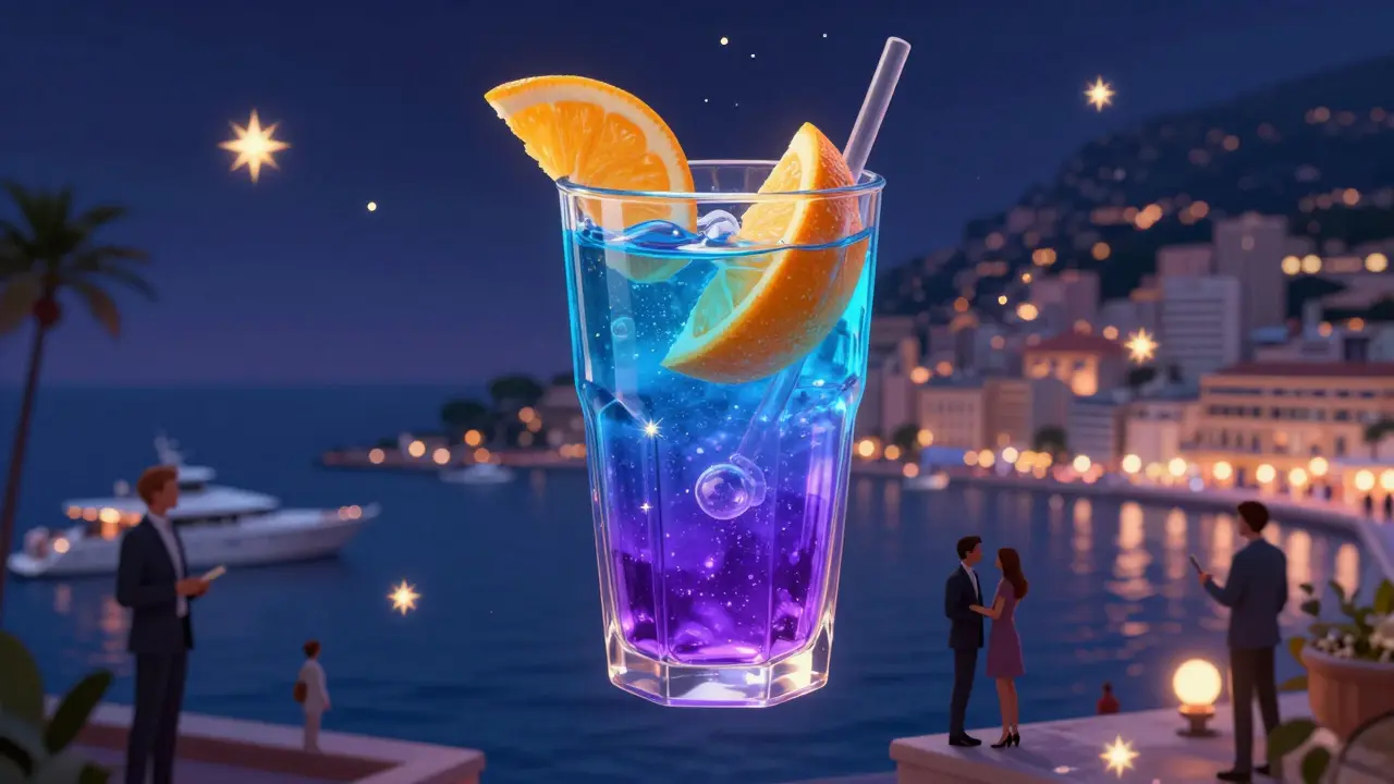 A glowing blue-to-violet gin glass floating above Monaco’s coast, symbolizing its nightlife magic.
