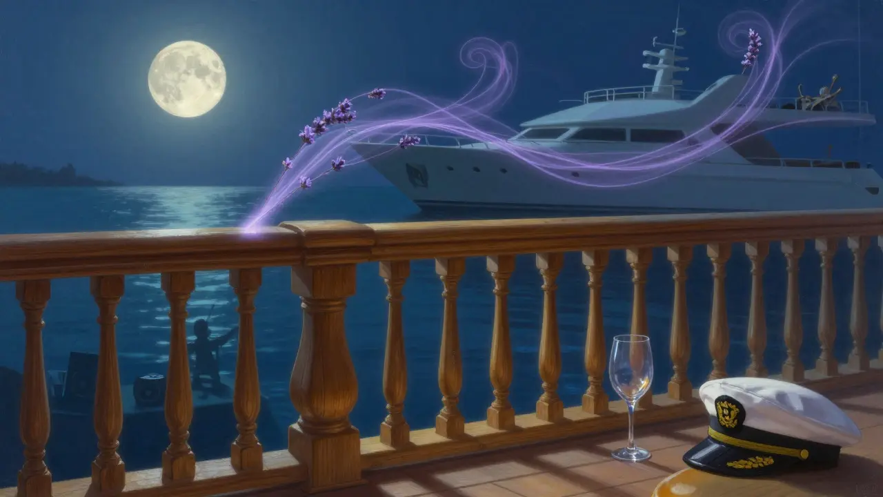 A glowing teak railing and lavender mist blend with underwater music, symbolizing quiet luxury beyond the surface.
