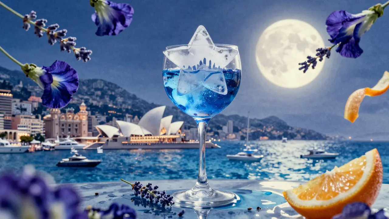 A melting star-shaped ice cube in blue gin, reflecting Monaco's skyline amid floating botanicals.