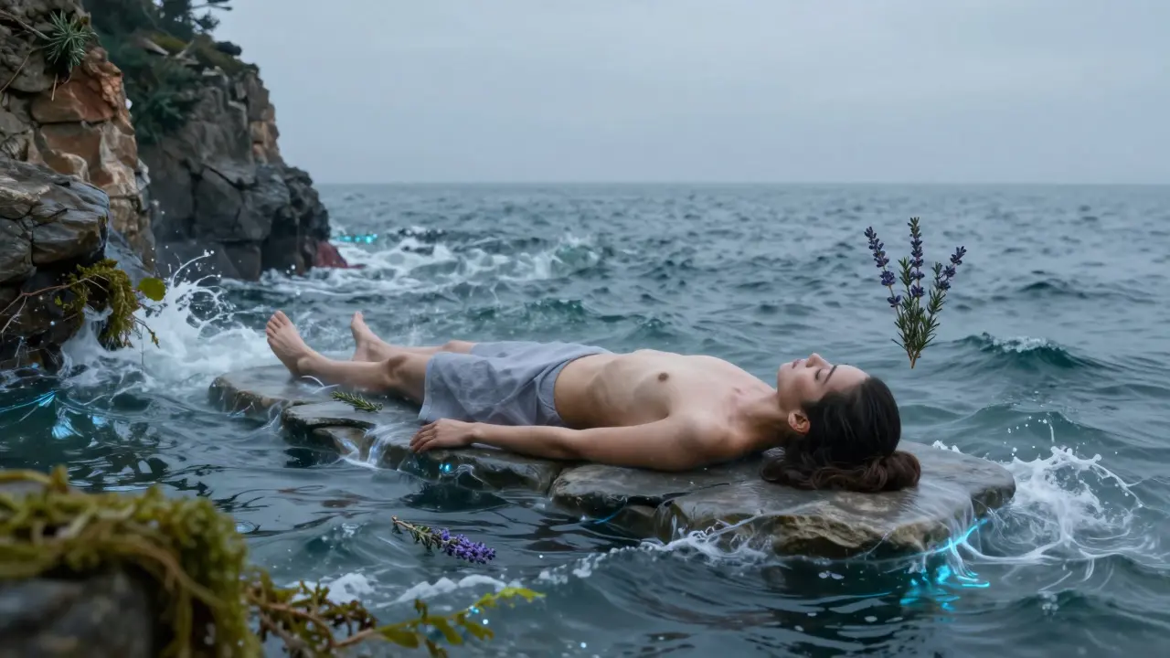 A person lies still on a stone slab as sea and sky blend around them in a serene, boundary-less spa.