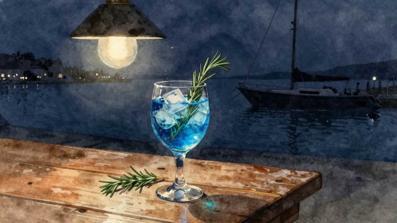 A single glass of blue gin with rosemary and a yacht silhouetted against the night sea at Bar du Port.