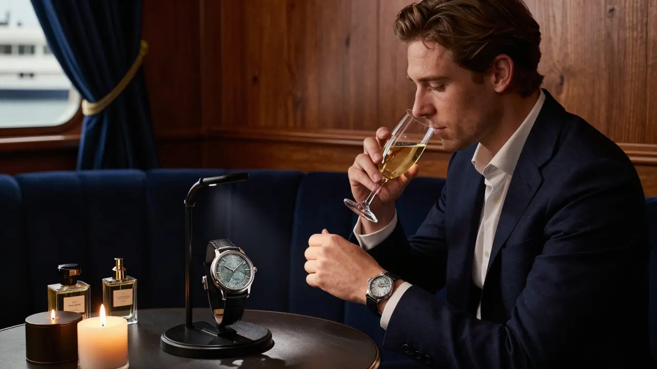 A VIP guest admires a meteorite watch in a luxurious pavilion, surrounded by soft candlelight and velvet drapes.