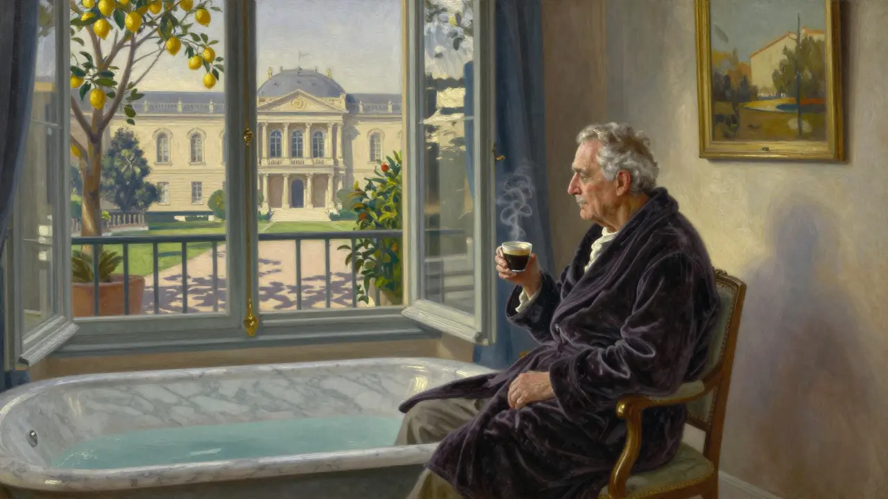 An elderly man in a velvet robe sits quietly at dawn in a luxurious suite overlooking Monaco's palace.