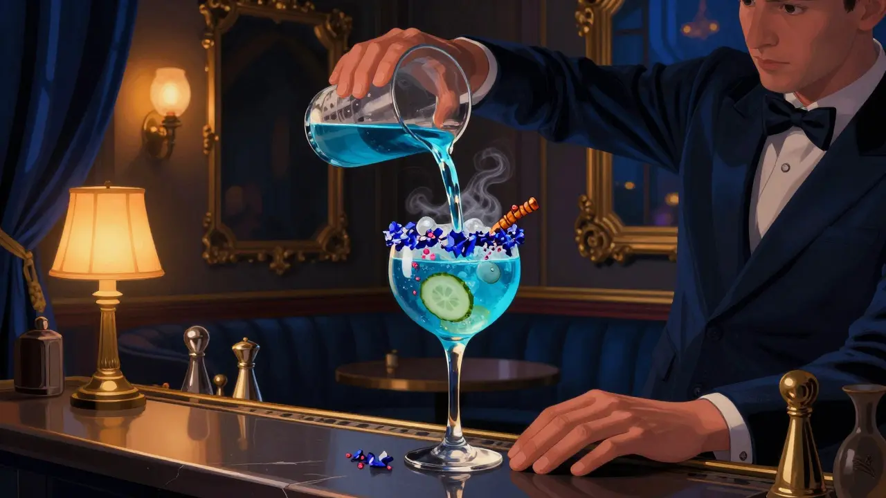 Bartender pouring a blue gin cocktail in a dim speakeasy lounge beneath Monte-Carlo Casino.
